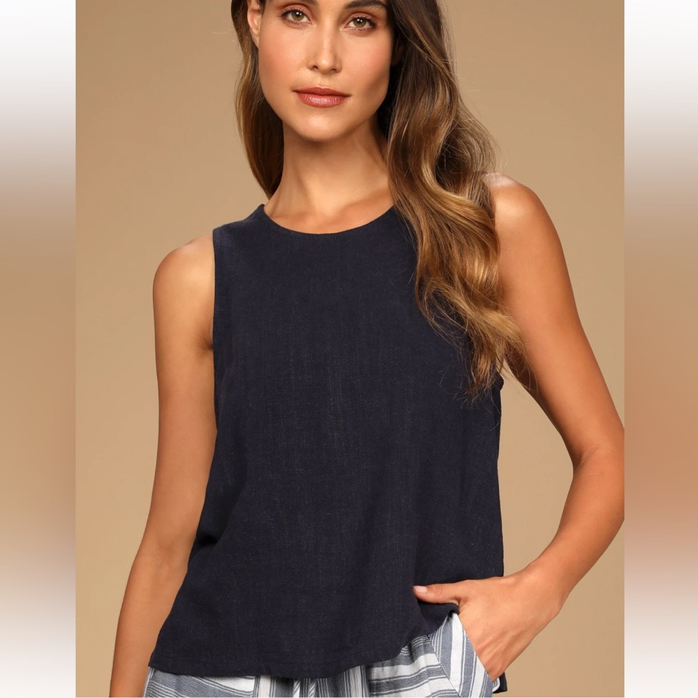 Lulu’s Total Refinery Navy Linen Tank Top, NWT